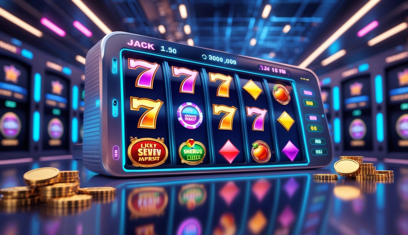 Tampilan antarmuka permainan mesin slot 3D online dengan latar belakang ruang server yang modern dan terang.