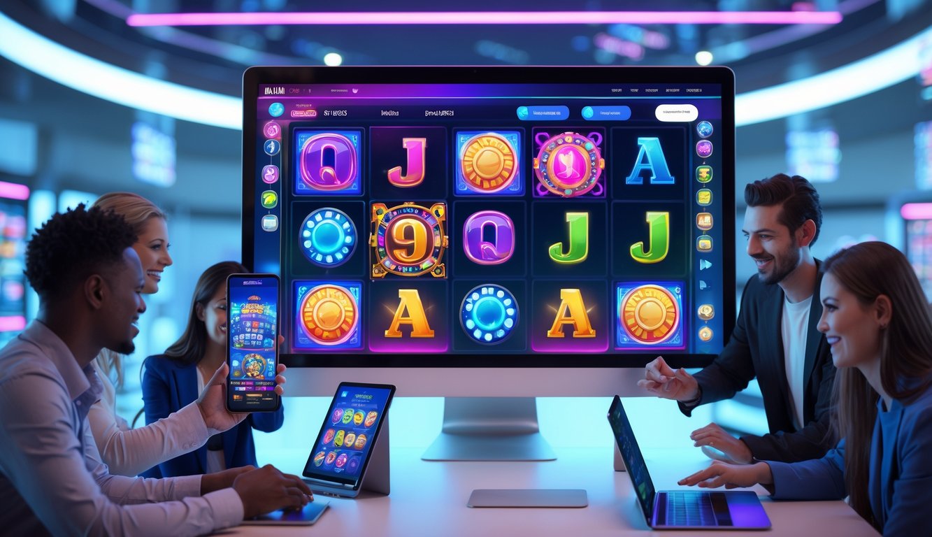 Orang-orang menggunakan berbagai perangkat untuk bermain game slot 3D online dengan antarmuka digital yang berwarna-warni dan modern.