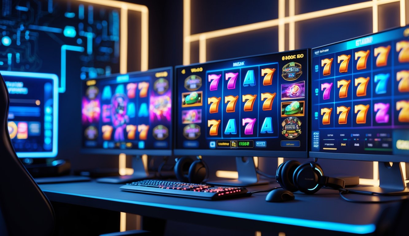 Seseorang bermain permainan slot 3D di komputer dengan layar menampilkan berbagai simbol warna-warni dalam ruangan yang terang dan modern.