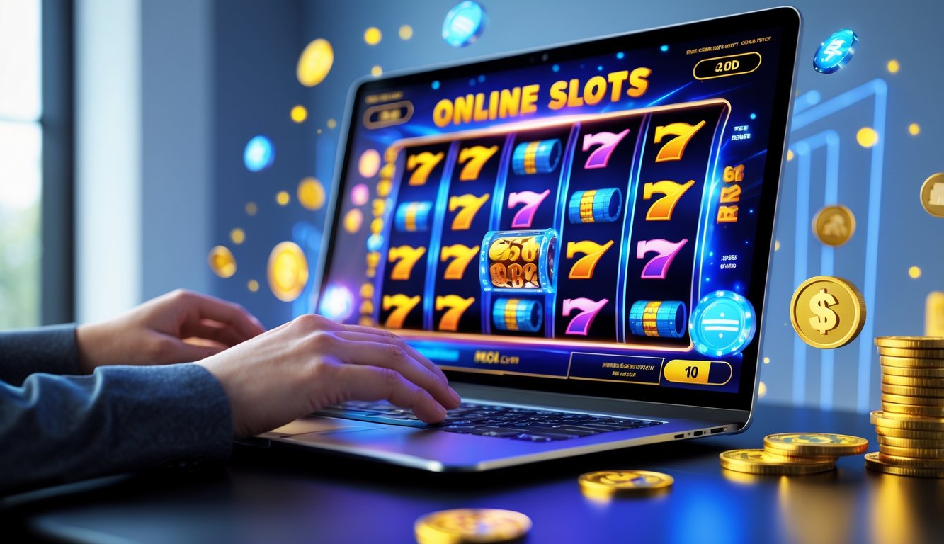 Seseorang menggunakan laptop dengan layar menampilkan permainan mesin slot 3D yang berwarna-warni dan dinamis, dikelilingi oleh koin digital dan simbol bonus.
