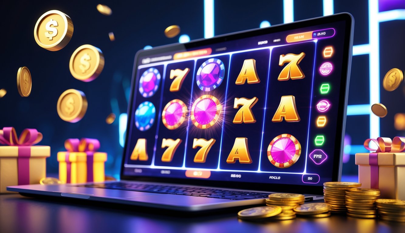 Seorang pengguna sedang bermain permainan slot 3D online dengan layar komputer menampilkan gulungan berwarna cerah dan koin emas di sekitarnya.