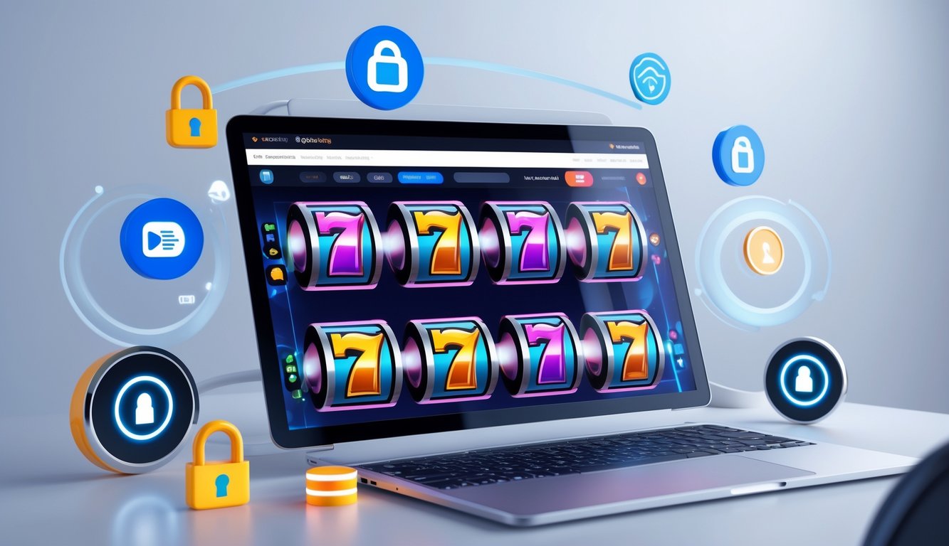 Tampilan layar perangkat digital dengan permainan mesin slot 3D yang berwarna-warni dan simbol pembayaran aman di sekitarnya.