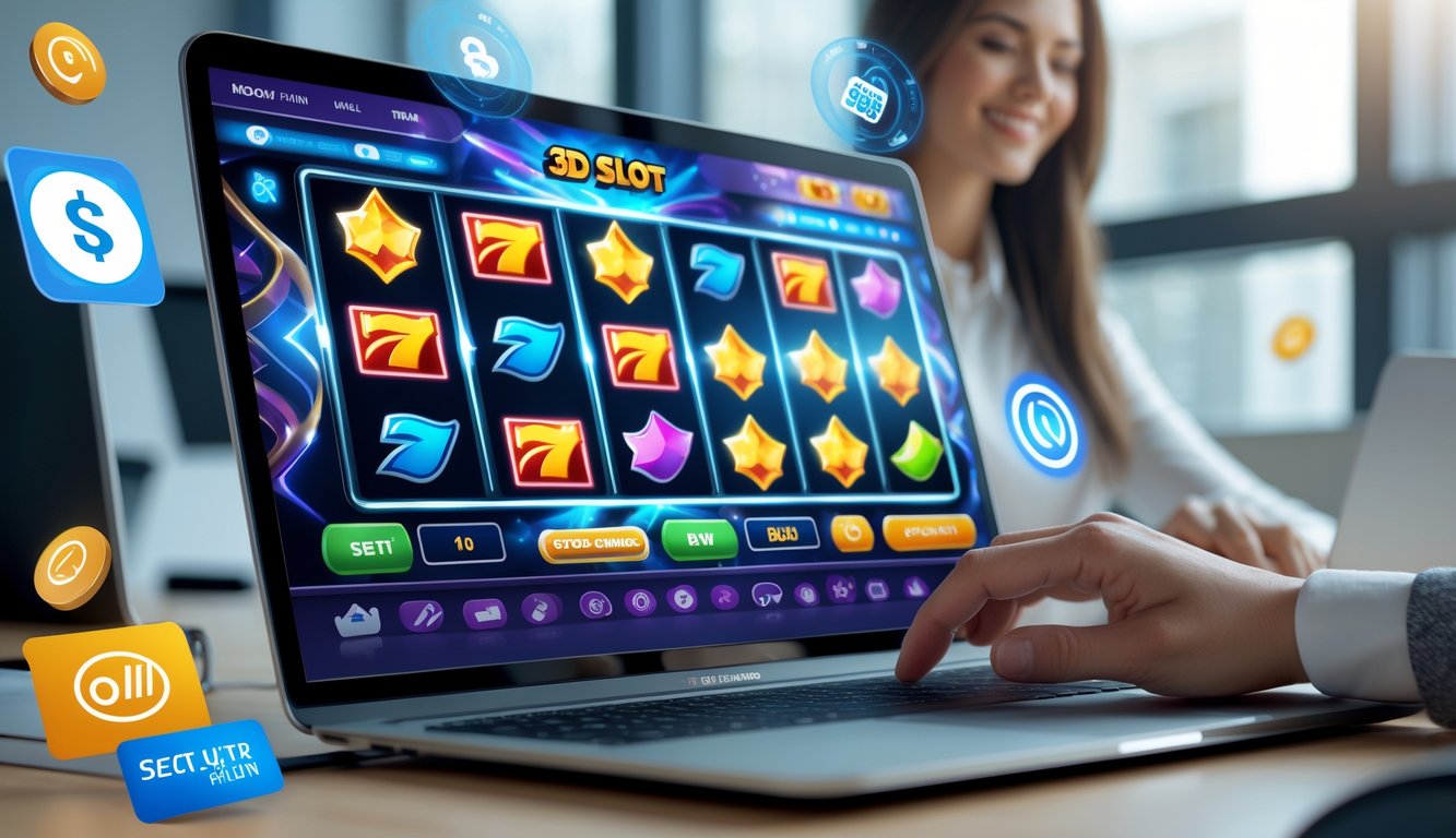 Seseorang menggunakan komputer dengan tampilan permainan slot 3D berwarna-warni dan ikon pembayaran digital di sekitarnya.
