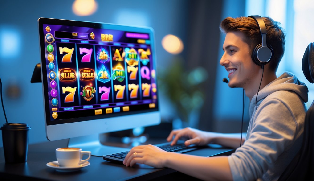 Seorang pemain muda sedang bermain mesin slot 3D di komputer dengan latar belakang ruangan yang modern dan nyaman.