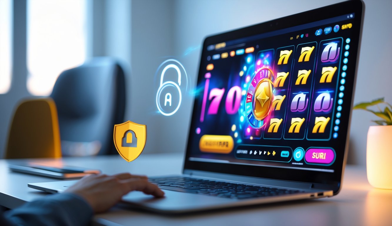 Seorang pemain menggunakan komputer dengan layar menampilkan permainan slot 3D berwarna-warni yang sedang berputar, di ruang kerja modern yang terang dan rapi.