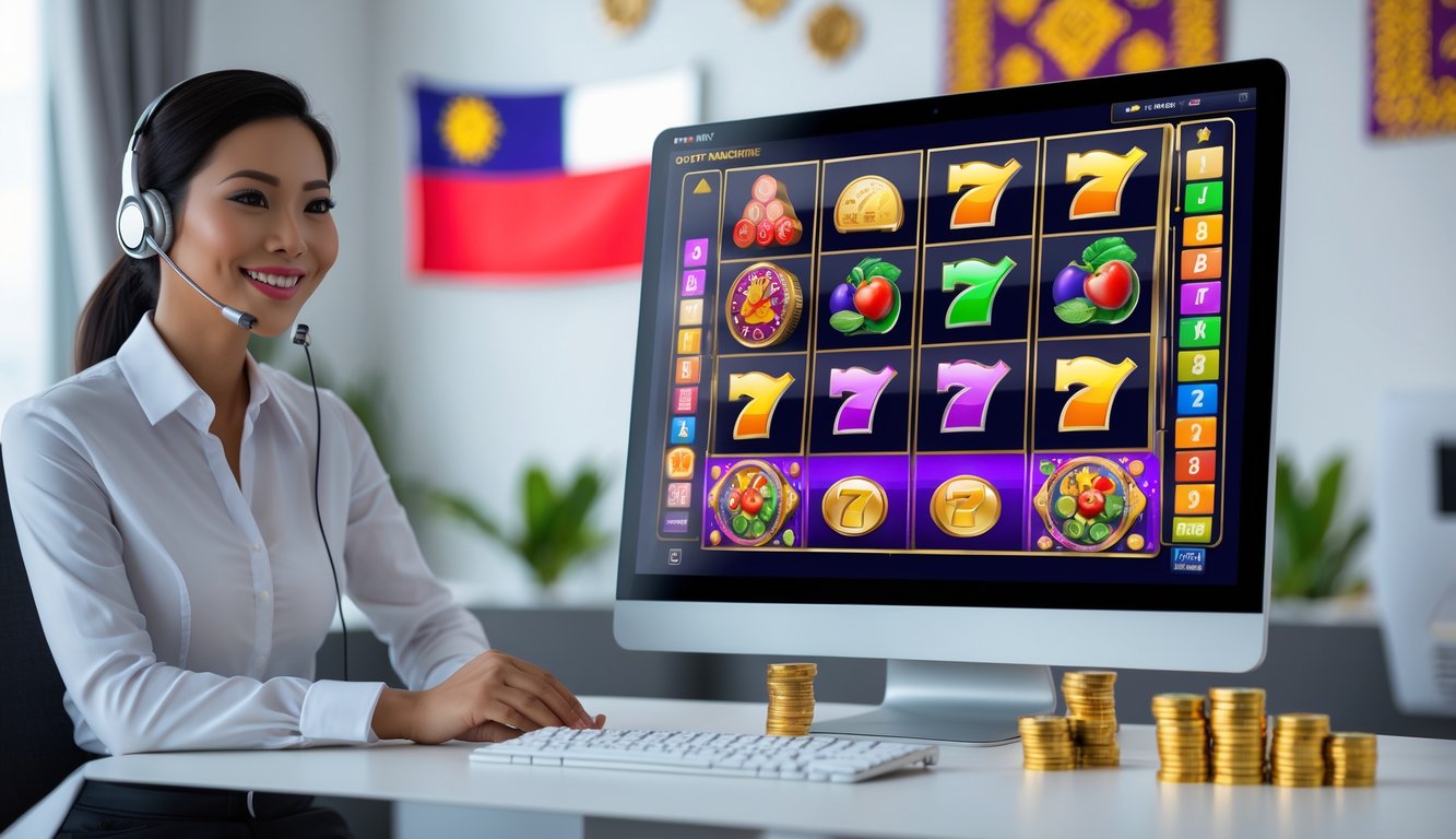 Seorang perwakilan layanan pelanggan tersenyum di depan layar perangkat yang menampilkan permainan slot 3D dengan simbol warna-warni, dengan elemen budaya Indonesia di latar belakang.