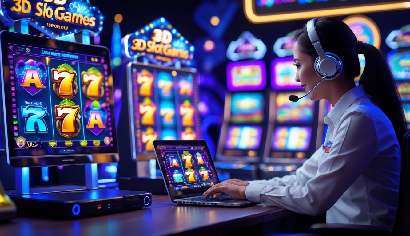Seorang perwakilan layanan pelanggan membantu pemain dengan latar belakang layar permainan slot 3D yang berwarna-warni dan modern.