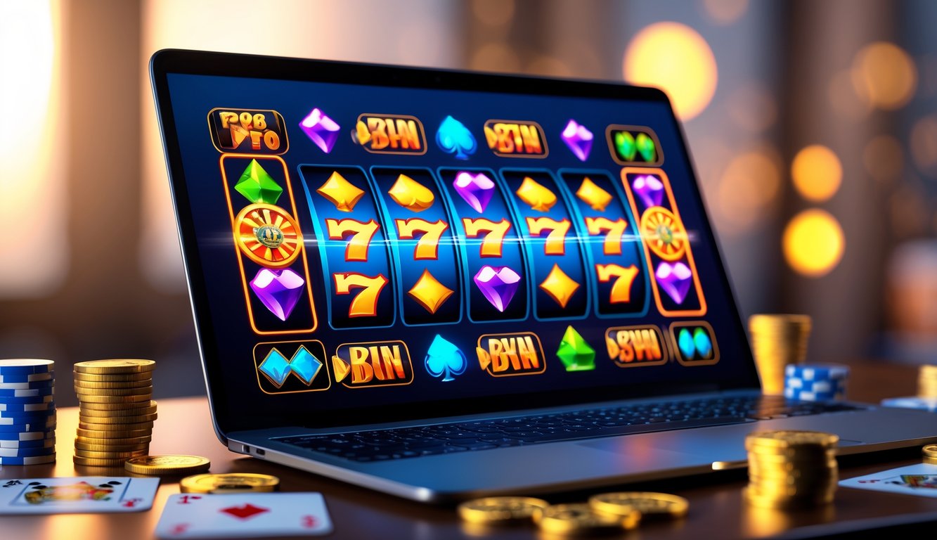 Seorang pengguna sedang bermain permainan slot 3D di layar komputer dengan chip poker dan koin emas di meja.