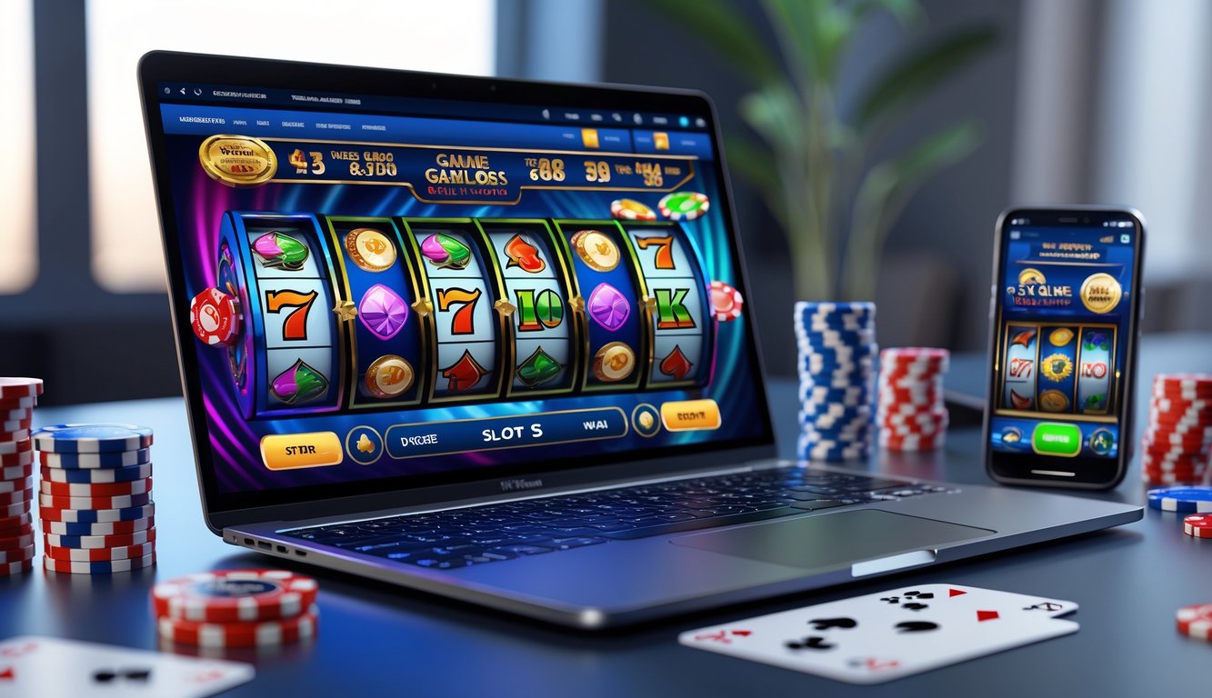 Seorang pria menggunakan laptop dengan tampilan permainan slot 3D online di meja kerja modern.