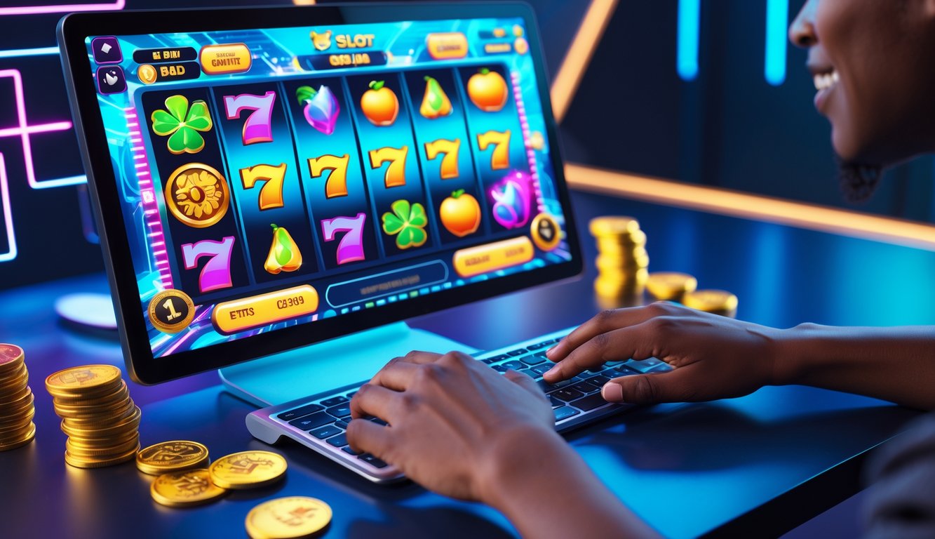 Seseorang sedang bermain permainan slot 3D online dengan tampilan layar berwarna cerah dan simbol-simbol permainan yang berputar.