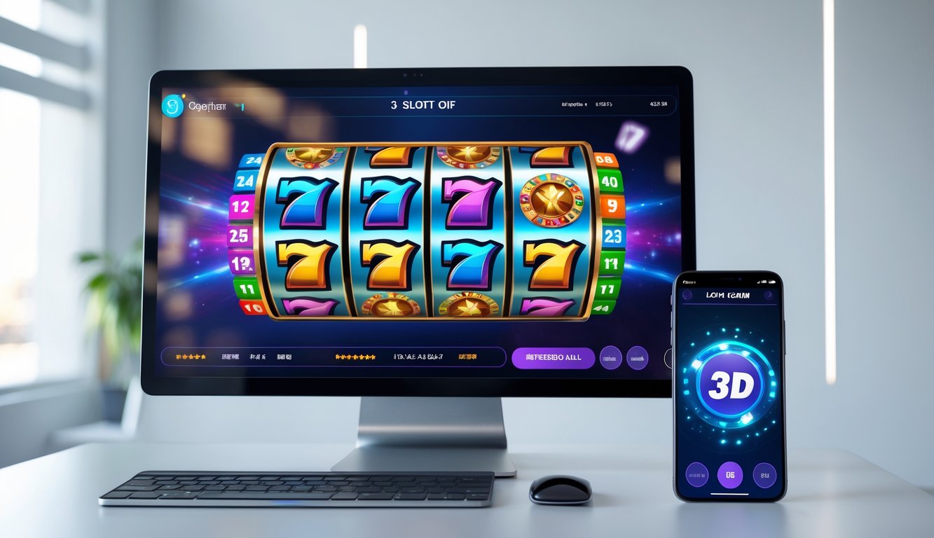 Tampilan layar komputer dan ponsel dengan permainan slot 3D berwarna-warni di atas meja bersih.