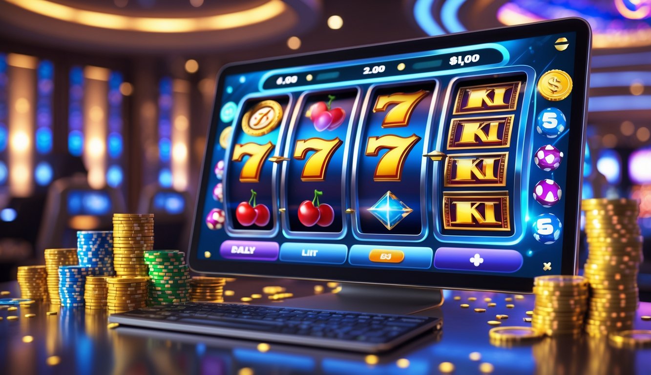 Layar perangkat menampilkan mesin slot 3D dengan simbol berwarna cerah dan latar belakang kasino yang mewah.