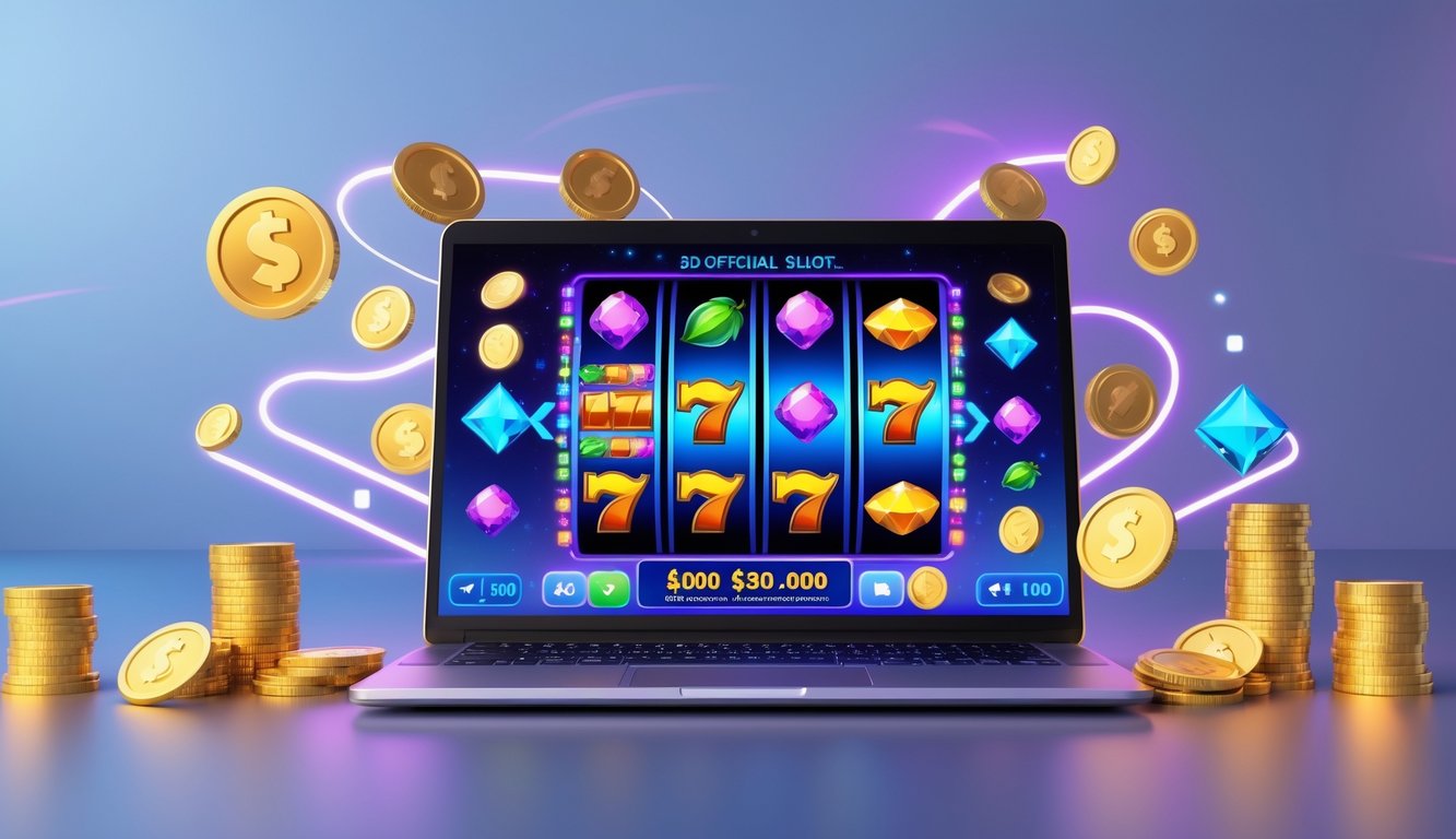 Layar komputer menampilkan permainan mesin slot 3D berwarna-warni dengan simbol berputar dan koin yang bersinar di sekitarnya.
