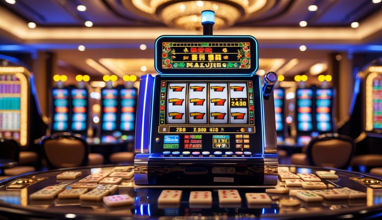 Suasana kasino modern dengan mesin slot dan ubin Mahjong yang tersusun rapi, menampilkan peluang menang besar dan suasana yang semarak.