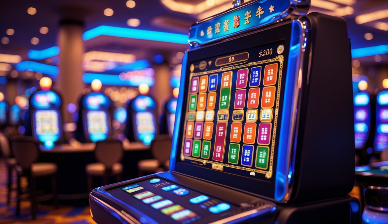 Mesin slot digital dengan tema ubin Mahjong yang berwarna-warni di dalam kasino yang ramai.