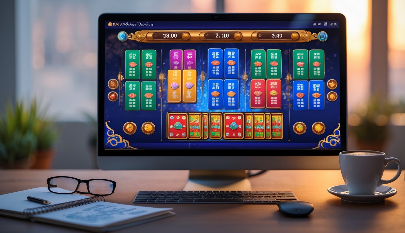 Meja kerja dengan komputer menampilkan permainan slot bertema Mahjong, dilengkapi dengan buku catatan, cangkir kopi, dan kacamata.