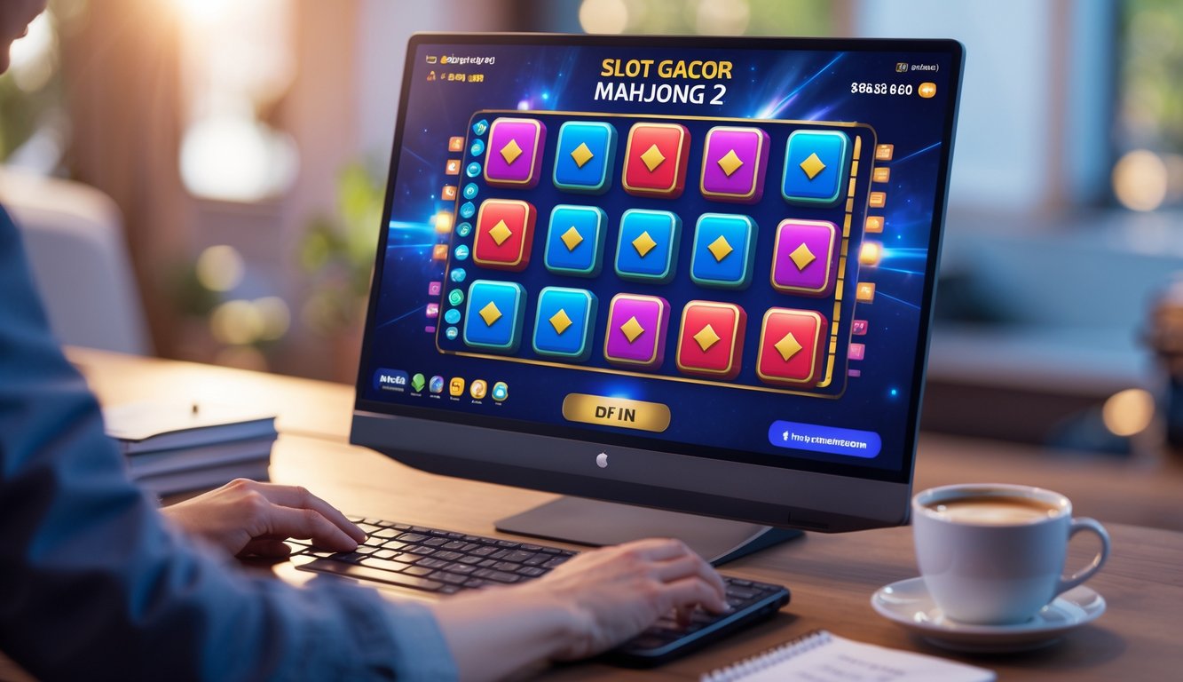 Seorang pemain sedang menggunakan komputer dengan tampilan permainan slot bertema Mahjong, dikelilingi oleh alat tulis dan secangkir kopi di meja.