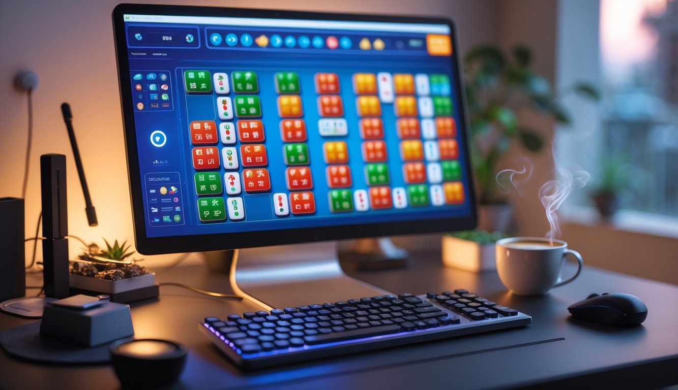 Sebuah meja dengan layar komputer yang menampilkan permainan Mahjong digital dengan pola mudah menang, dilengkapi dengan keyboard, mouse, dan secangkir kopi.