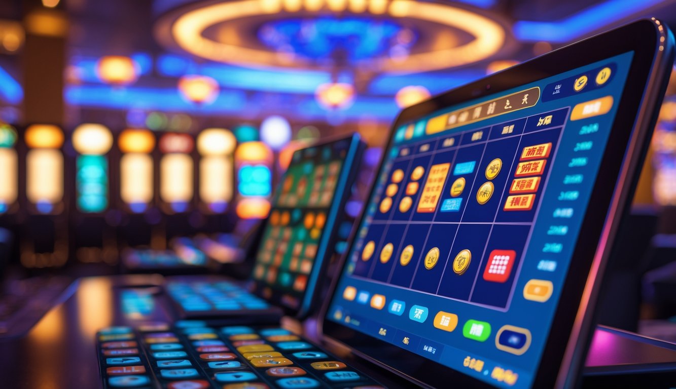 Sebuah layar perangkat digital menampilkan permainan slot dan Mahjong dengan latar belakang suasana kasino yang hangat dan nyaman.