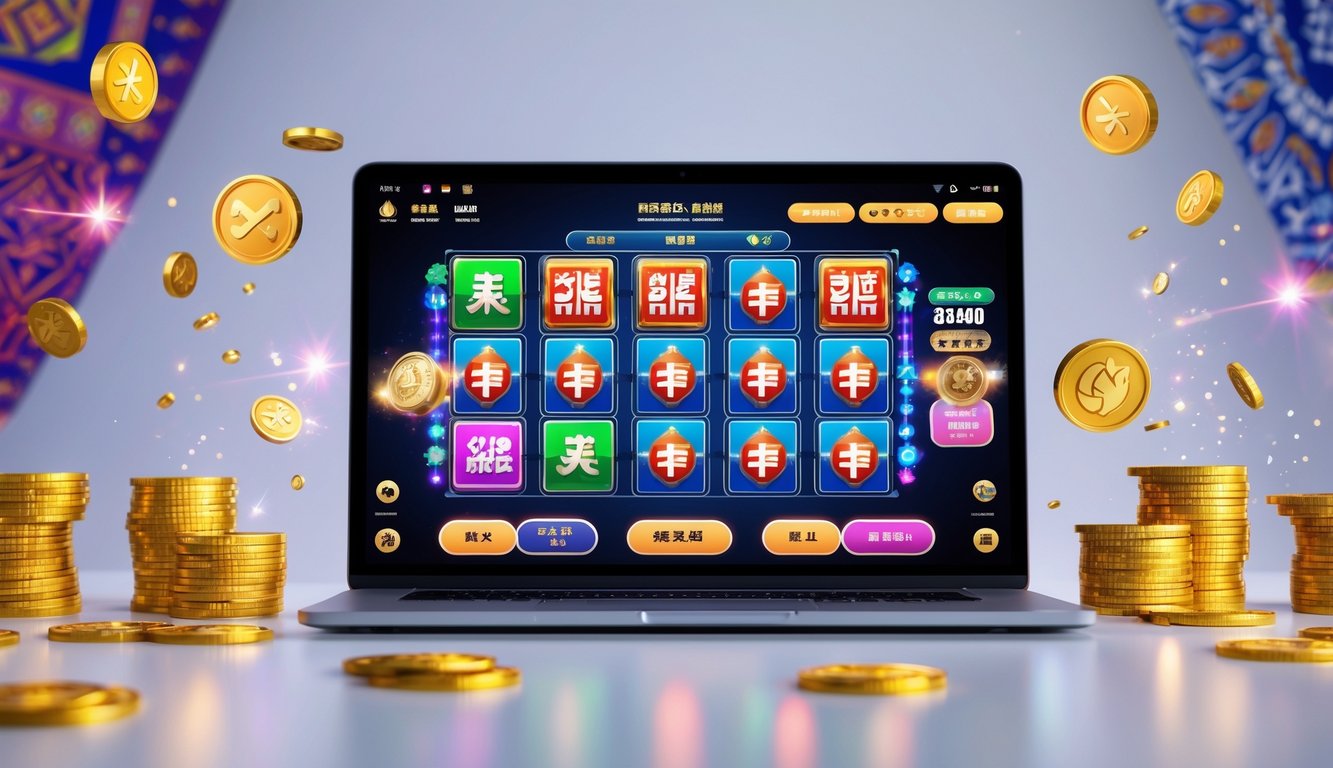 Seseorang menggunakan perangkat digital dengan layar menampilkan permainan Mahjong dan mesin slot yang penuh warna, dikelilingi oleh efek koin dan cahaya yang menunjukkan kemenangan.