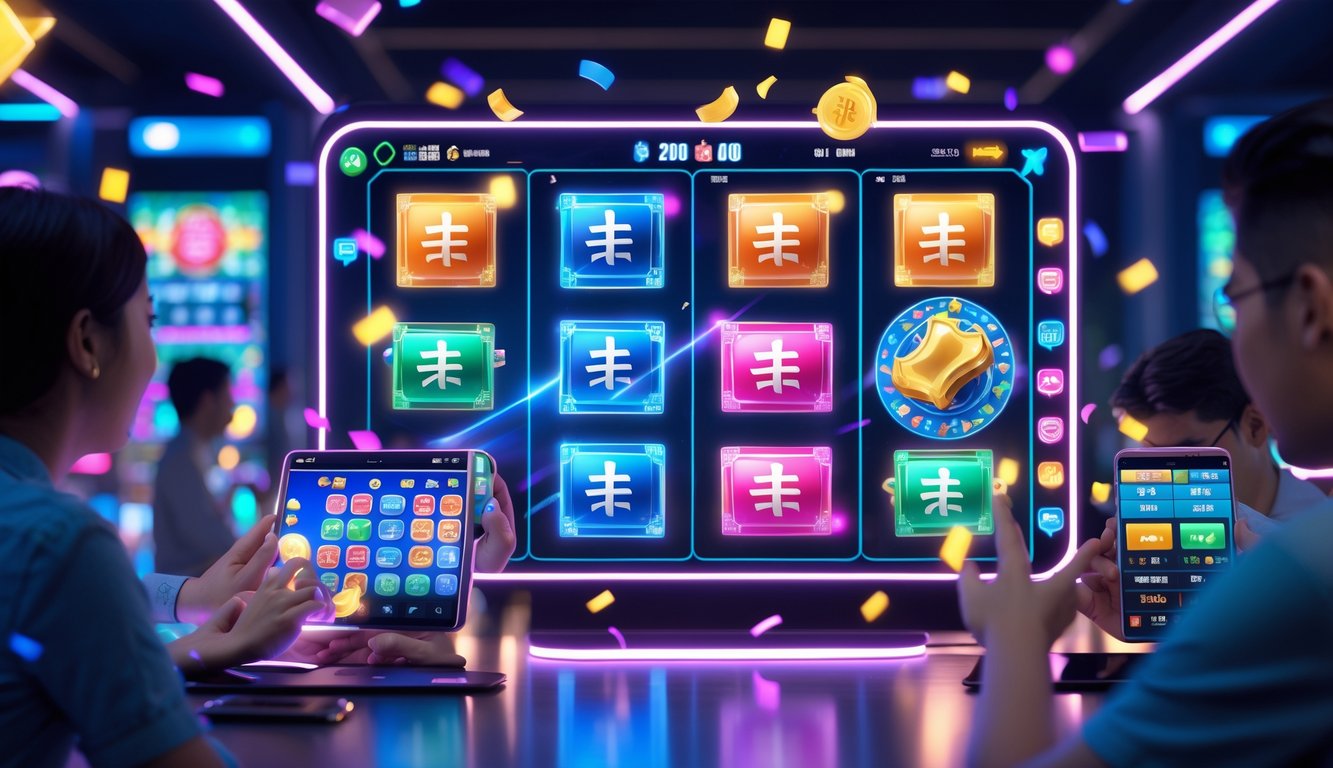 Orang-orang bermain permainan slot online dengan tema mahjong di perangkat digital dalam suasana ceria dan penuh warna.