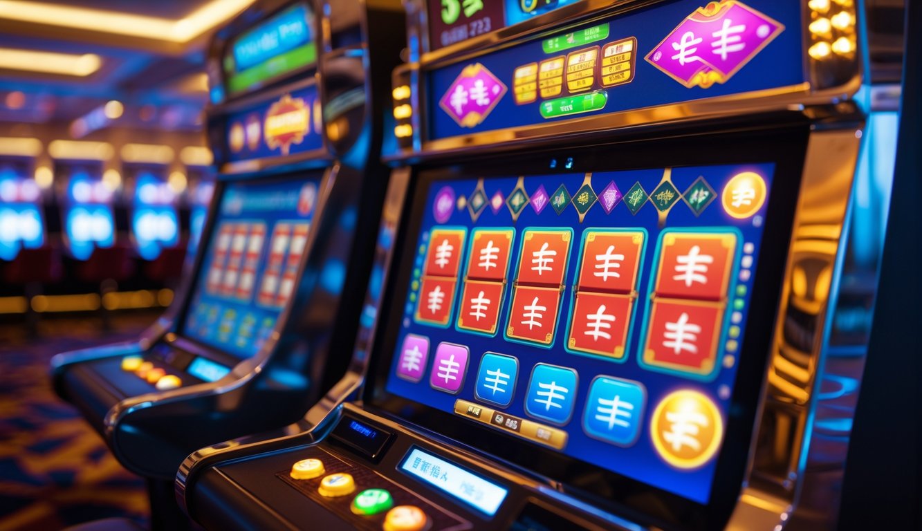 Mesin slot digital dengan gambar ubin Mahjong yang berwarna-warni di dalam kasino modern yang terang.