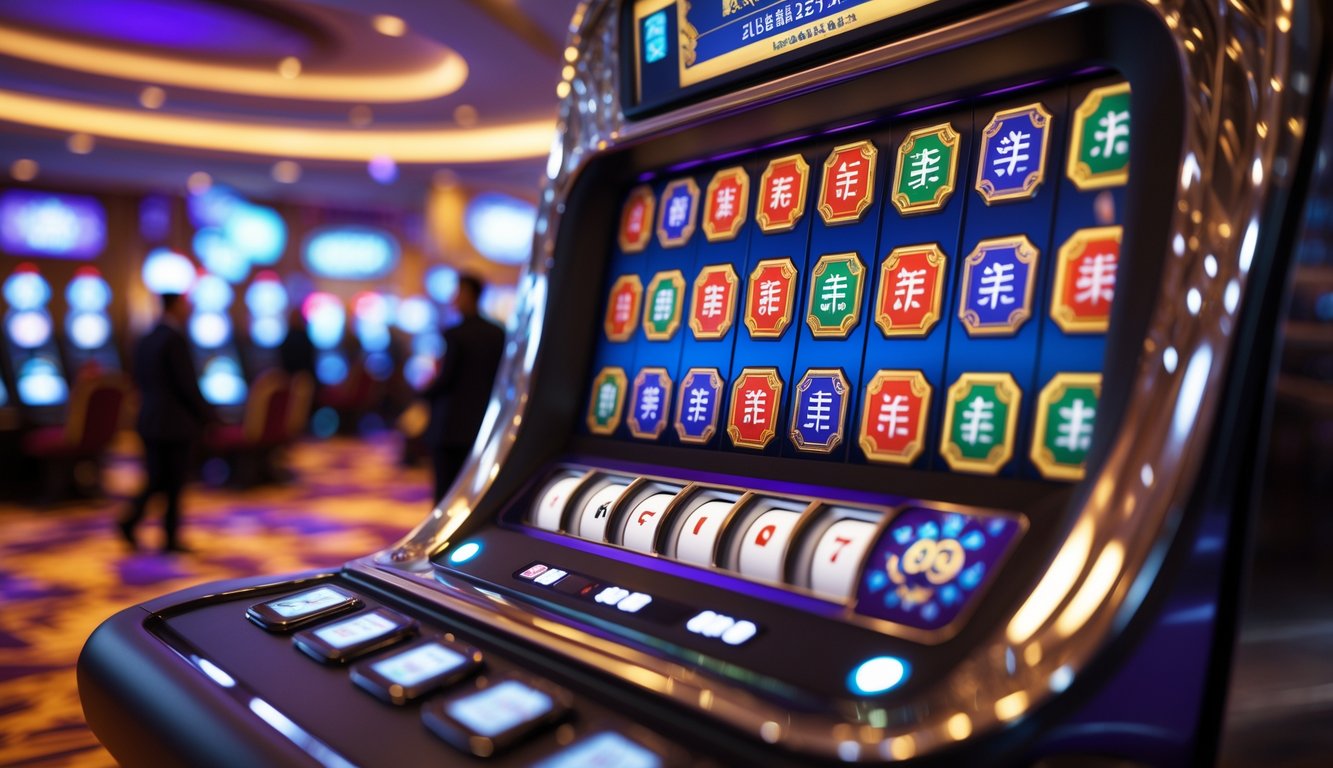 Mesin slot modern dengan pola ubin Mahjong yang berwarna-warni di lingkungan kasino yang ramai.