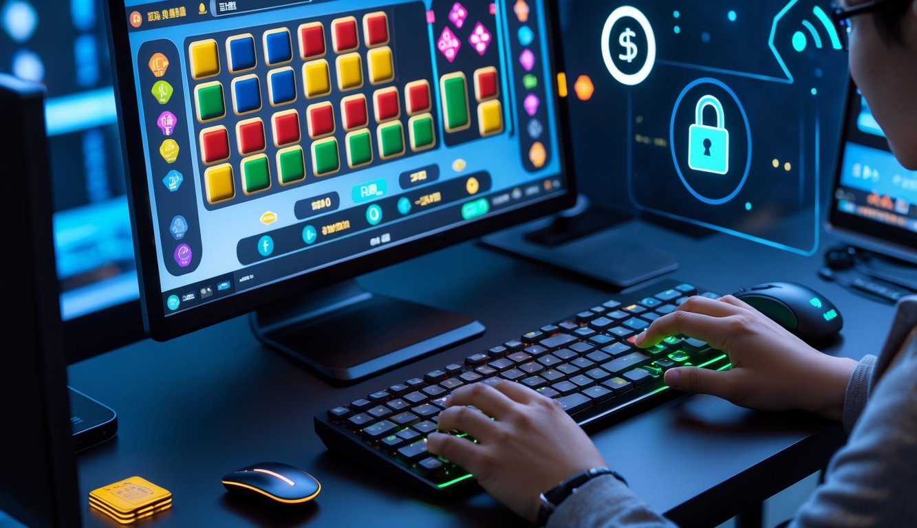 Tampilan meja permainan Mahjong digital dengan tangan yang sedang menggunakan mouse dan keyboard, serta ikon transaksi cepat di latar belakang.