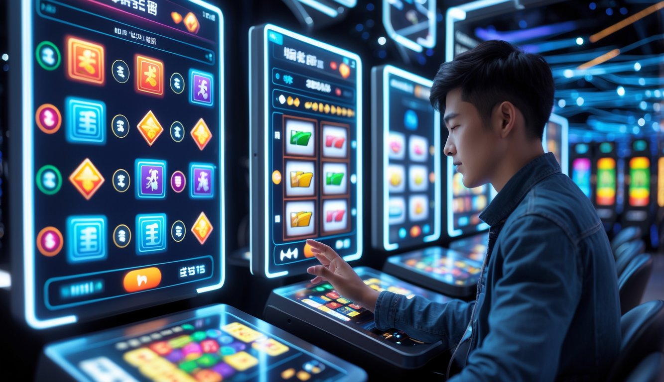 Seorang pemain muda sedang menggunakan antarmuka digital dengan tampilan permainan slot dan mahjong di layar transparan, menunjukkan suasana permainan daring yang modern dan cepat.