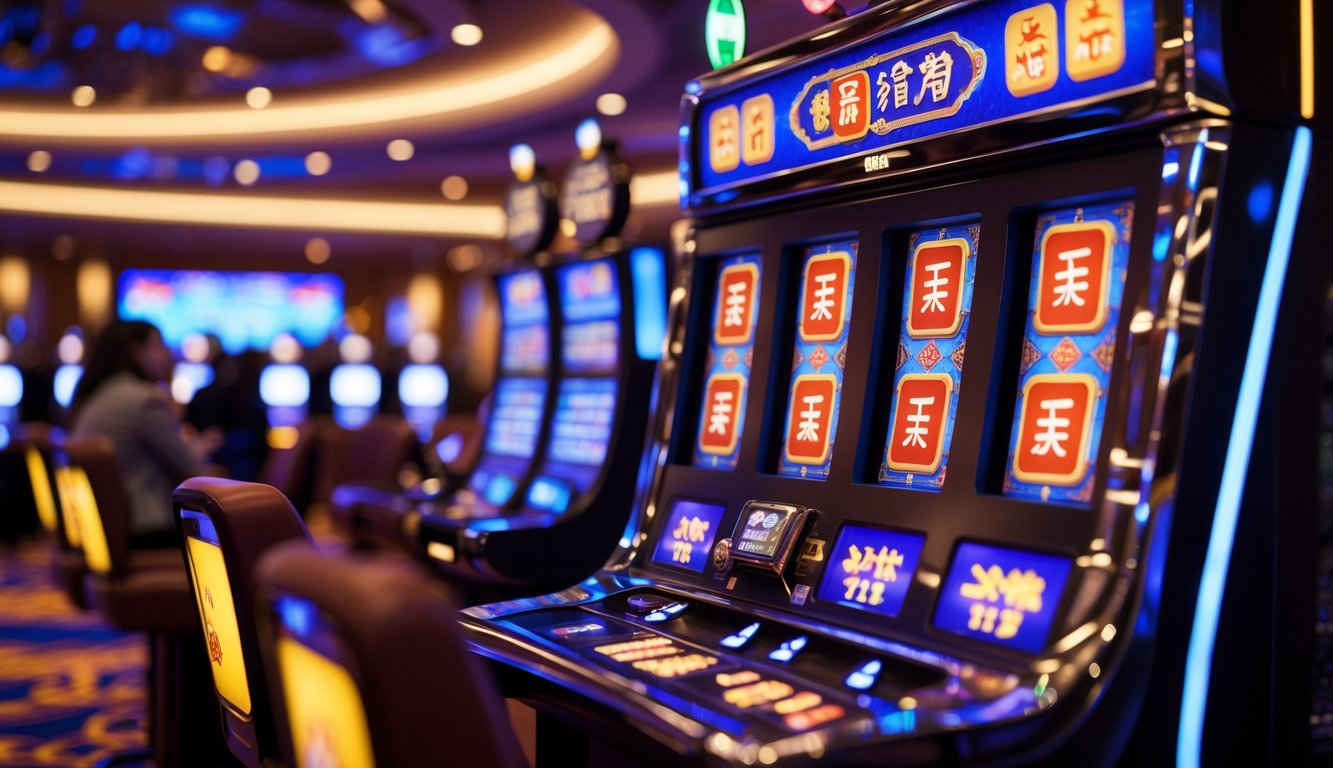 Mesin slot bertema Mahjong dengan simbol ubin Mahjong yang menyala di kasino yang ramai dan mewah.