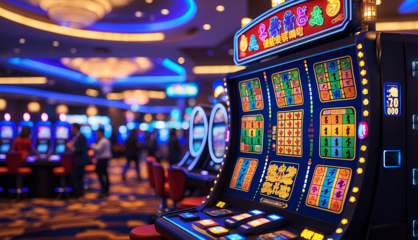 Suasana kasino dengan mesin slot bertema Mahjong yang menampilkan ubin Mahjong berwarna-warni dan lampu LED yang terang, dengan pemain di latar belakang.