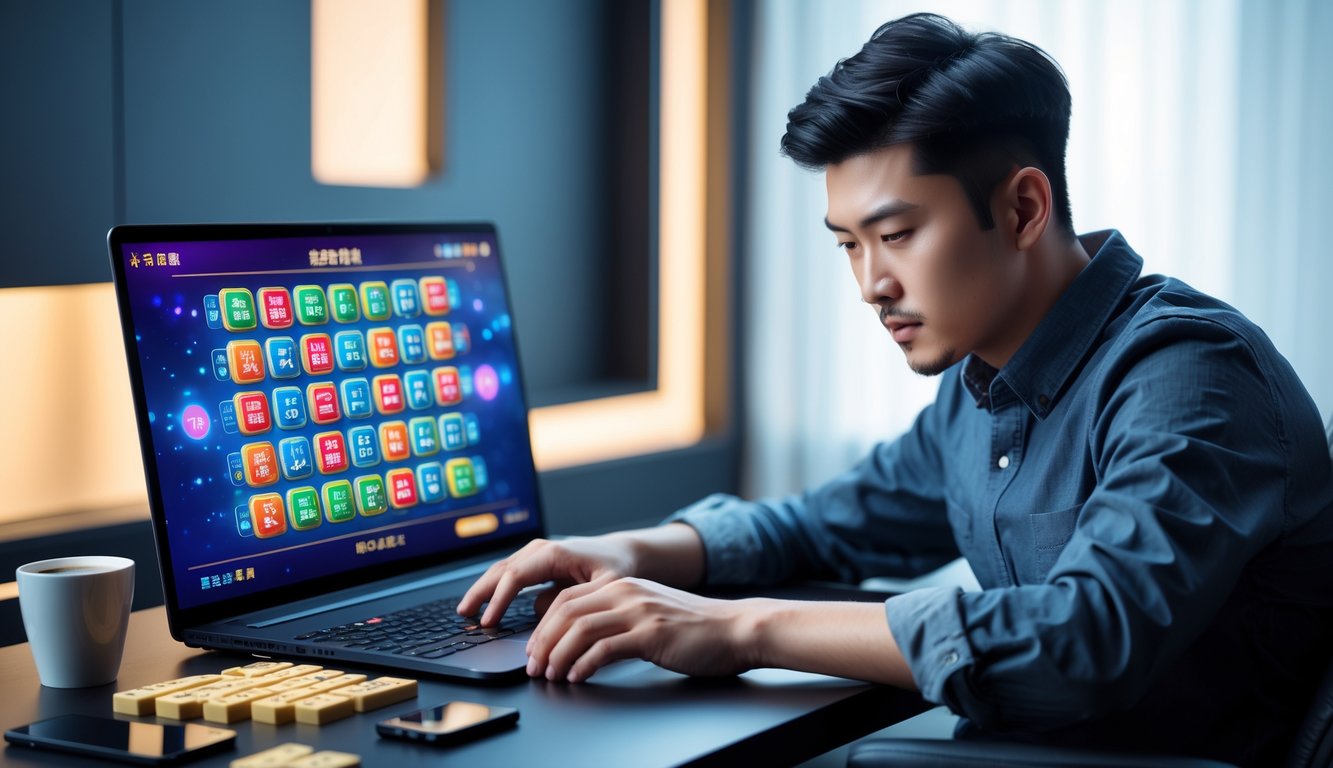 Seorang pria Asia muda duduk di meja gaming modern sambil fokus melihat layar laptop dengan permainan slot bergambar ubin Mahjong, di meja terdapat ubin Mahjong, ponsel, dan cangkir kopi.