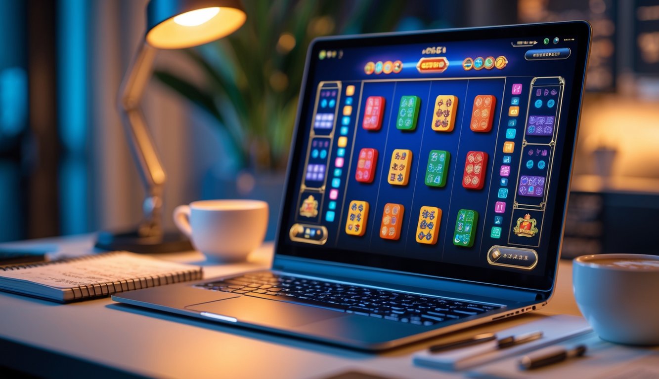 Meja kerja dengan komputer menampilkan permainan slot Mahjong yang sedang menang, dilengkapi dengan buku catatan dan cangkir kopi.