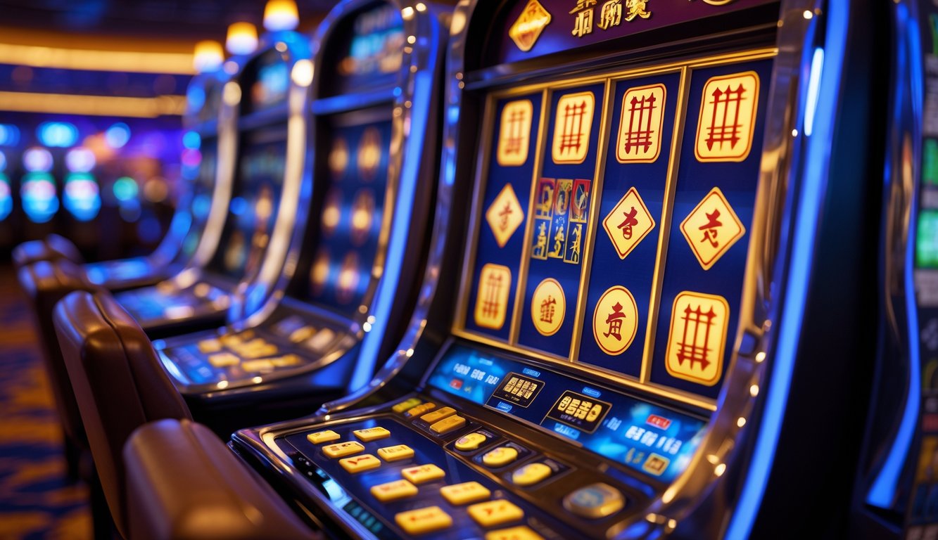 Mesin slot Mahjong yang menyala dengan simbol ubin Mahjong di kasino yang ramai.