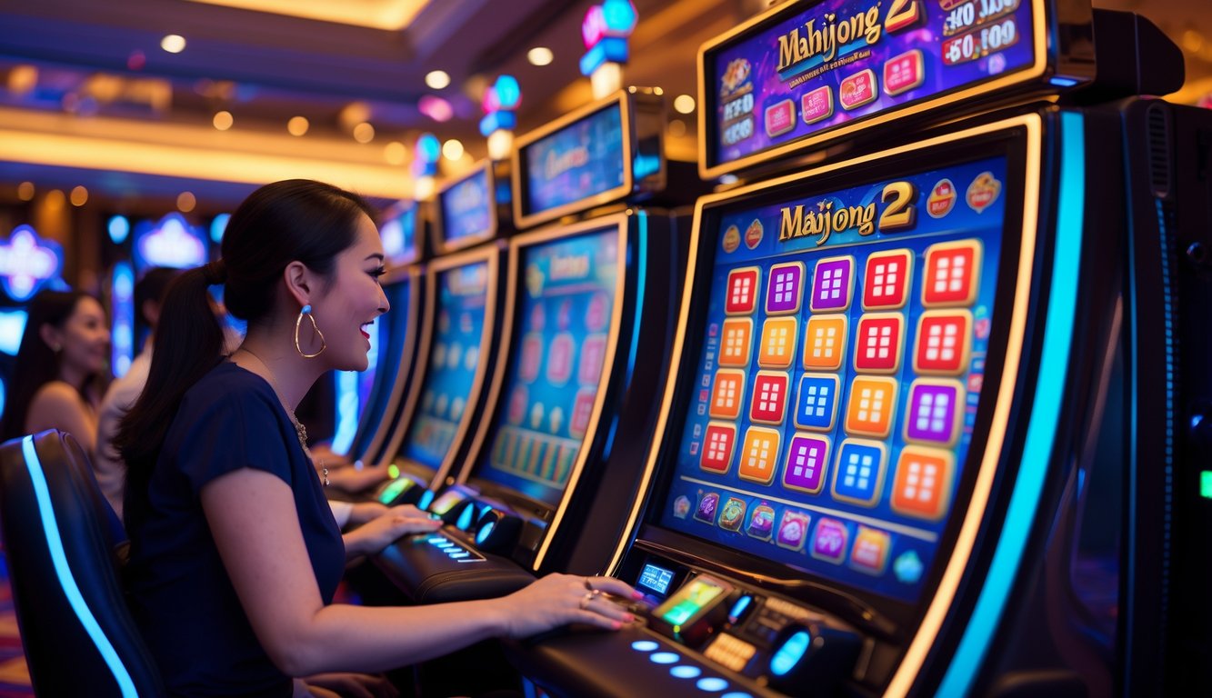 Seorang pemain sedang bermain mesin slot bertema Mahjong di kasino dengan lampu dan suasana yang hidup.