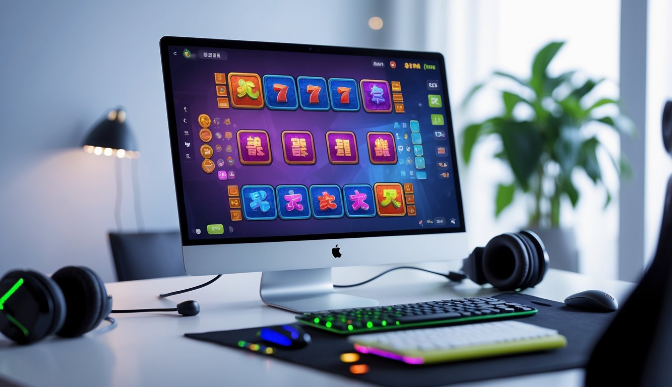 Seorang pemain sedang fokus bermain permainan slot online dengan layar komputer menampilkan grafik permainan bertema Mahjong di lingkungan kerja yang rapi dan terang.