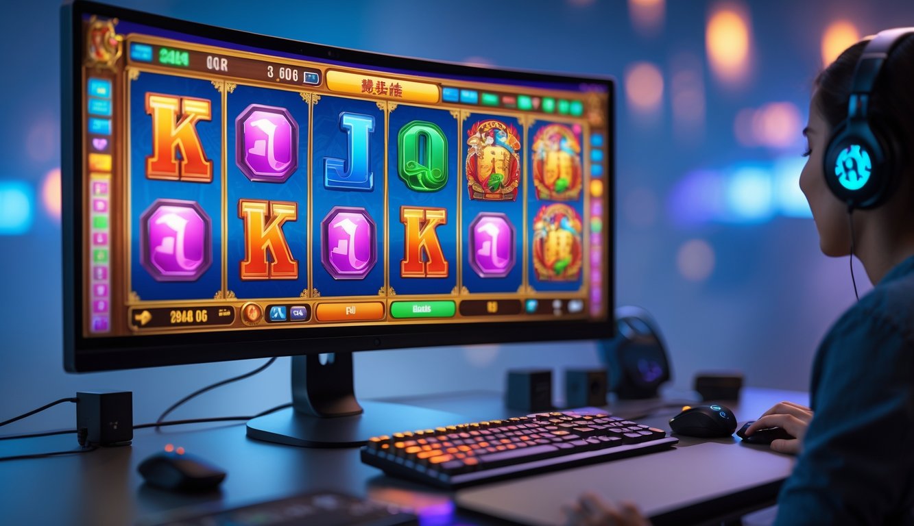 Seseorang sedang bermain permainan slot online dengan layar komputer menampilkan grafik mesin slot bertema Mahjong.