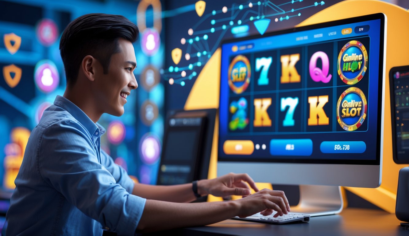 Seorang pemain Indonesia menggunakan komputer dengan tampilan mesin slot 3D berwarna-warni dan simbol berputar, dengan ikon keamanan digital di latar belakang.