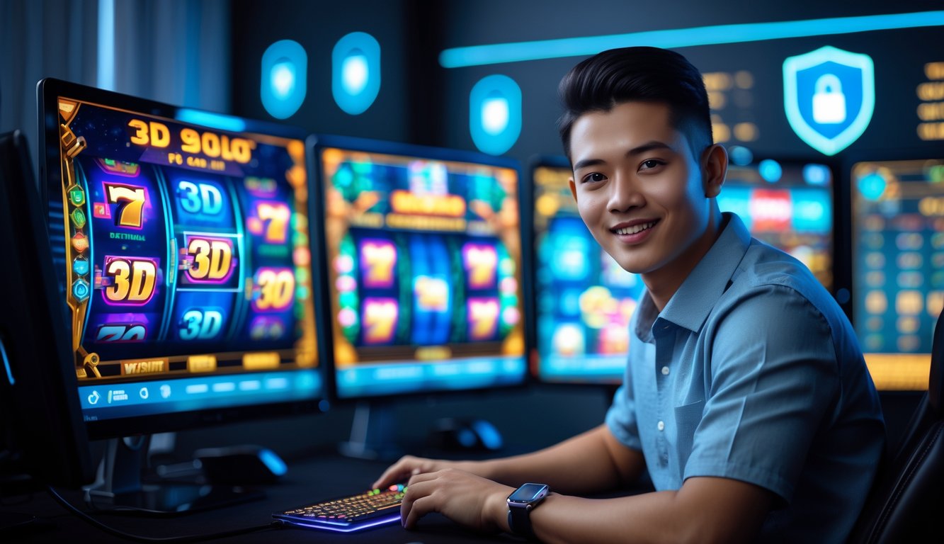 Seorang pria muda Indonesia duduk di depan komputer dengan layar menampilkan permainan slot 3D, terlihat fokus dan percaya diri dalam ruangan yang terang dan aman.