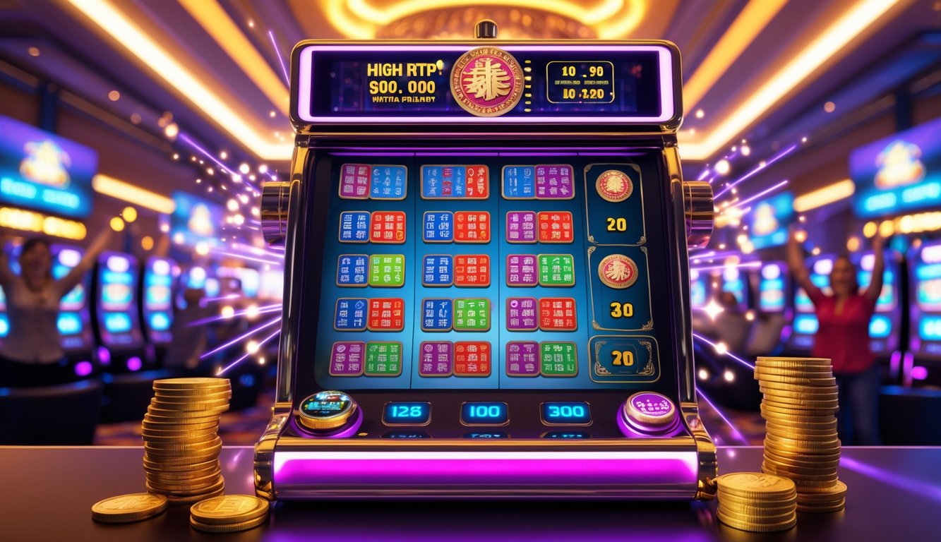 Mesin slot bertema Mahjong yang cerah dan modern di dalam kasino dengan lampu berkilauan dan suasana penuh semangat.