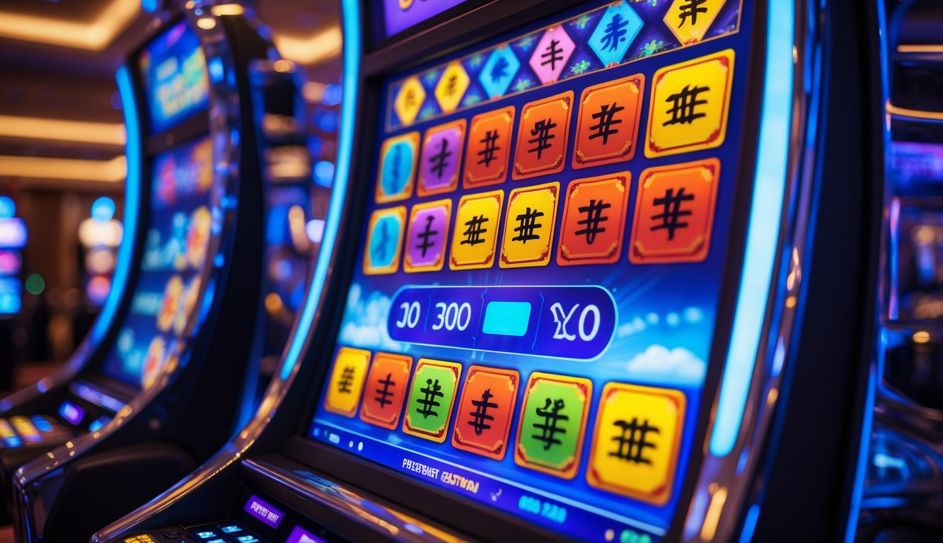 Mesin slot bertema Mahjong dengan ubin berwarna-warni di dalam kasino modern yang terang dan mewah.