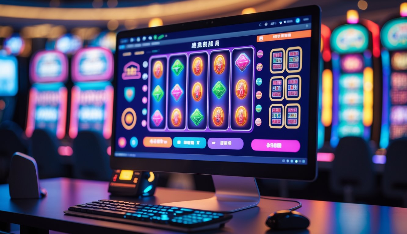 Suasana ruang kerja modern dengan komputer menampilkan permainan slot dan mahjong secara online.