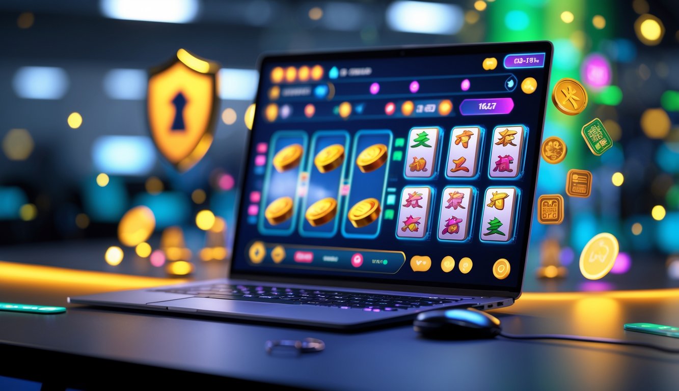 Sebuah komputer modern dengan layar menampilkan permainan slot dan ubin Mahjong, di meja yang rapi dengan latar belakang cahaya lembut dan simbol keamanan.