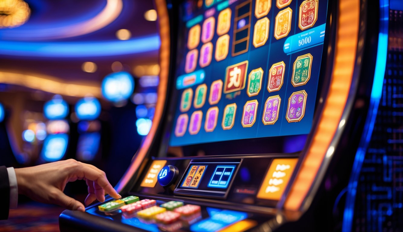 Mesin slot mahjong modern dengan pola kemenangan yang menarik di dalam kasino yang elegan.