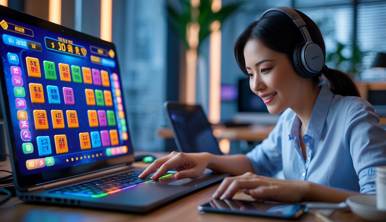 Seorang pemain dewasa sedang bermain permainan slot Mahjong di laptop di ruang kerja modern dengan pencahayaan terang.