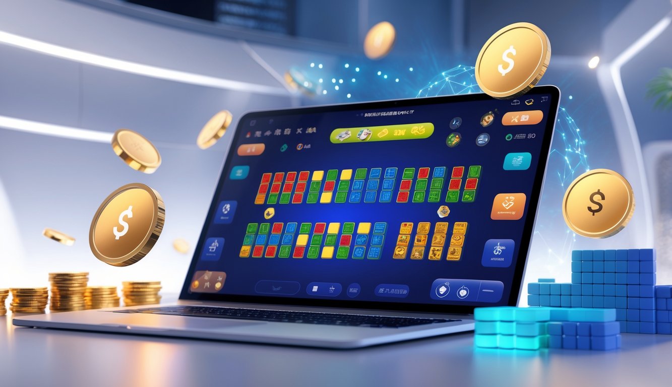 Layar perangkat menampilkan permainan Mahjong dengan ubin warna-warni, dikelilingi oleh simbol koin dan ikon jackpot di latar belakang teknologi modern.