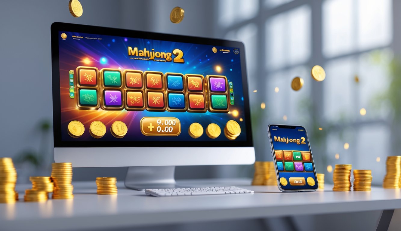 Sebuah meja kerja dengan komputer dan ponsel yang menampilkan permainan slot bertema Mahjong dengan grafik warna-warni dan elemen jackpot di sekitarnya.