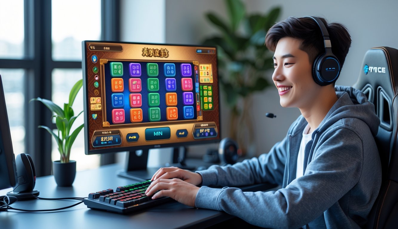 Seorang dewasa muda duduk di depan komputer dengan layar menampilkan permainan slot Mahjong yang berwarna-warni, terlihat fokus dan bersemangat bermain.
