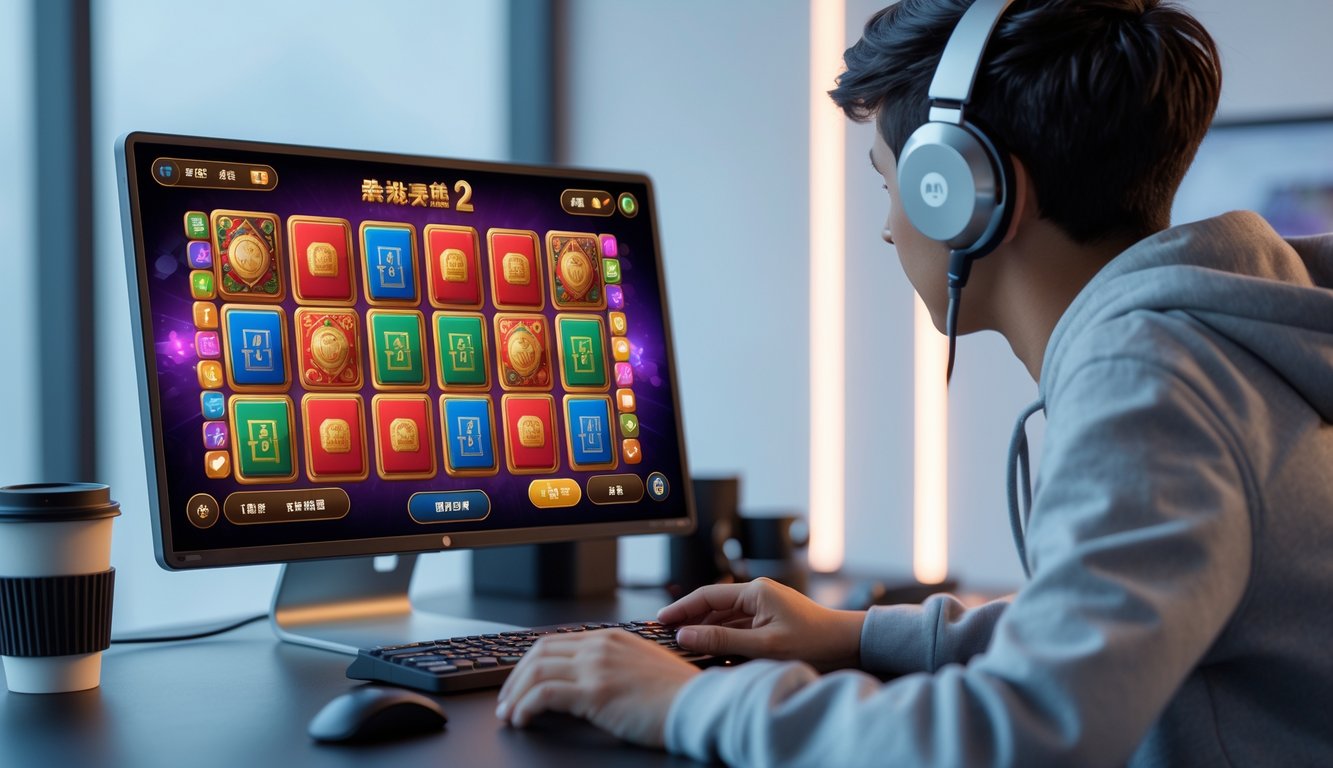 Seorang pemain muda fokus menggunakan komputer dengan tampilan permainan slot bertema Mahjong di layar dalam suasana ruangan yang rapi dan nyaman.