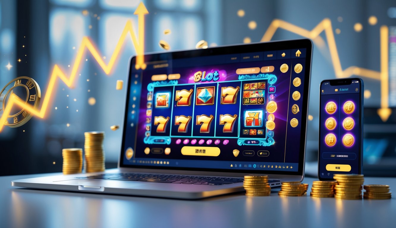 Meja kerja dengan laptop dan ponsel menampilkan permainan slot dan mahjong dengan grafik berwarna-warni dan ikon yang bersinar.